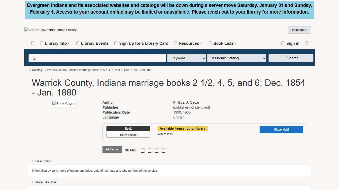 Warrick County, Indiana marriage books 2 1/2, 4, 5, and 6;... | Vernon Township Public Library